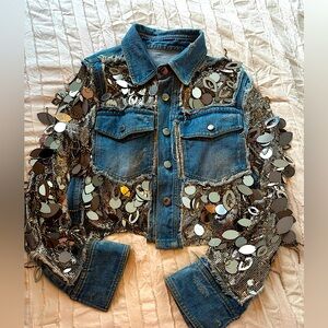 Sold-Out Unique Denim Jacket with Metallic Mesh and Sequins (Size S/M)
